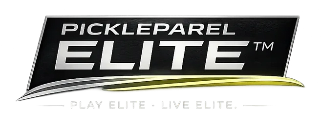PickleParel Elite badge emblem with chrome and gold swooshes