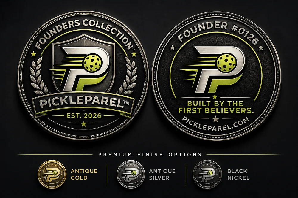 Founders Coin front and back with PickleParel branding