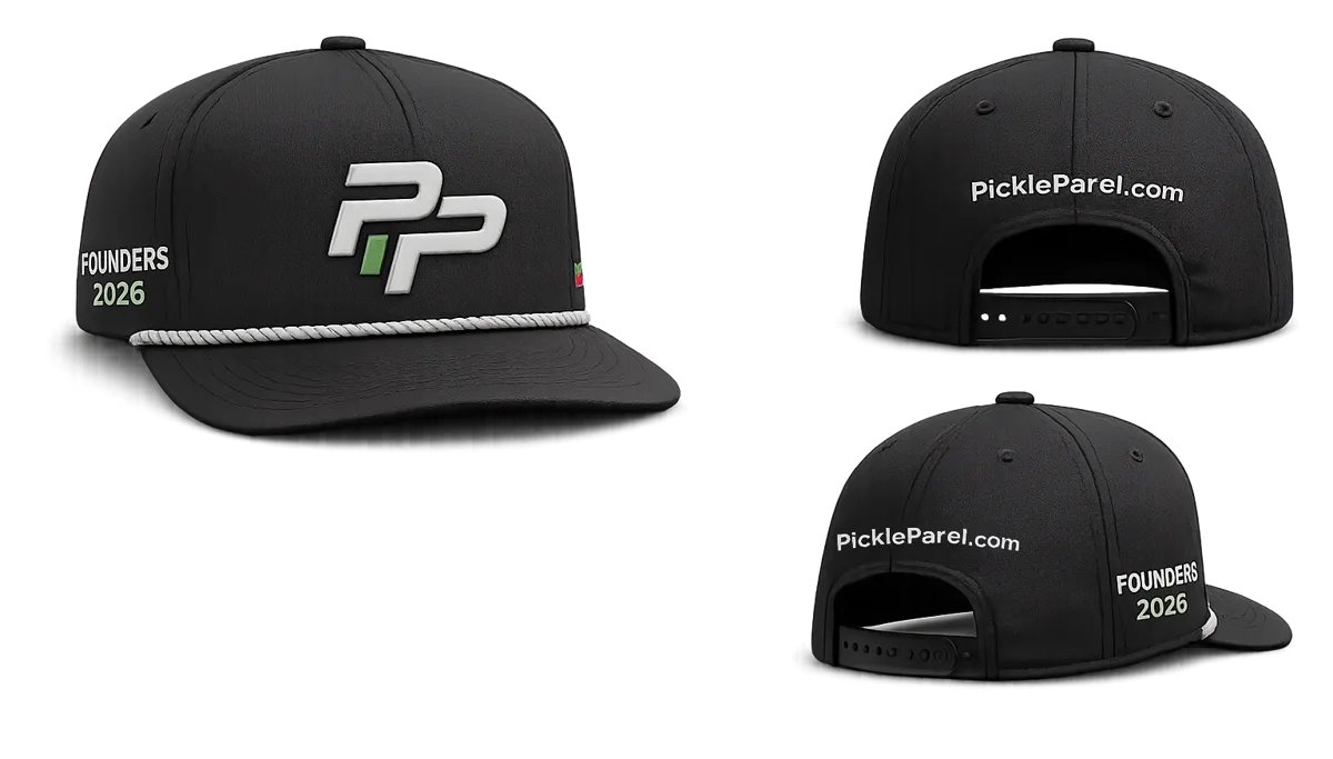 Founders Hat shown from the front and back with the PickleParel PP icon