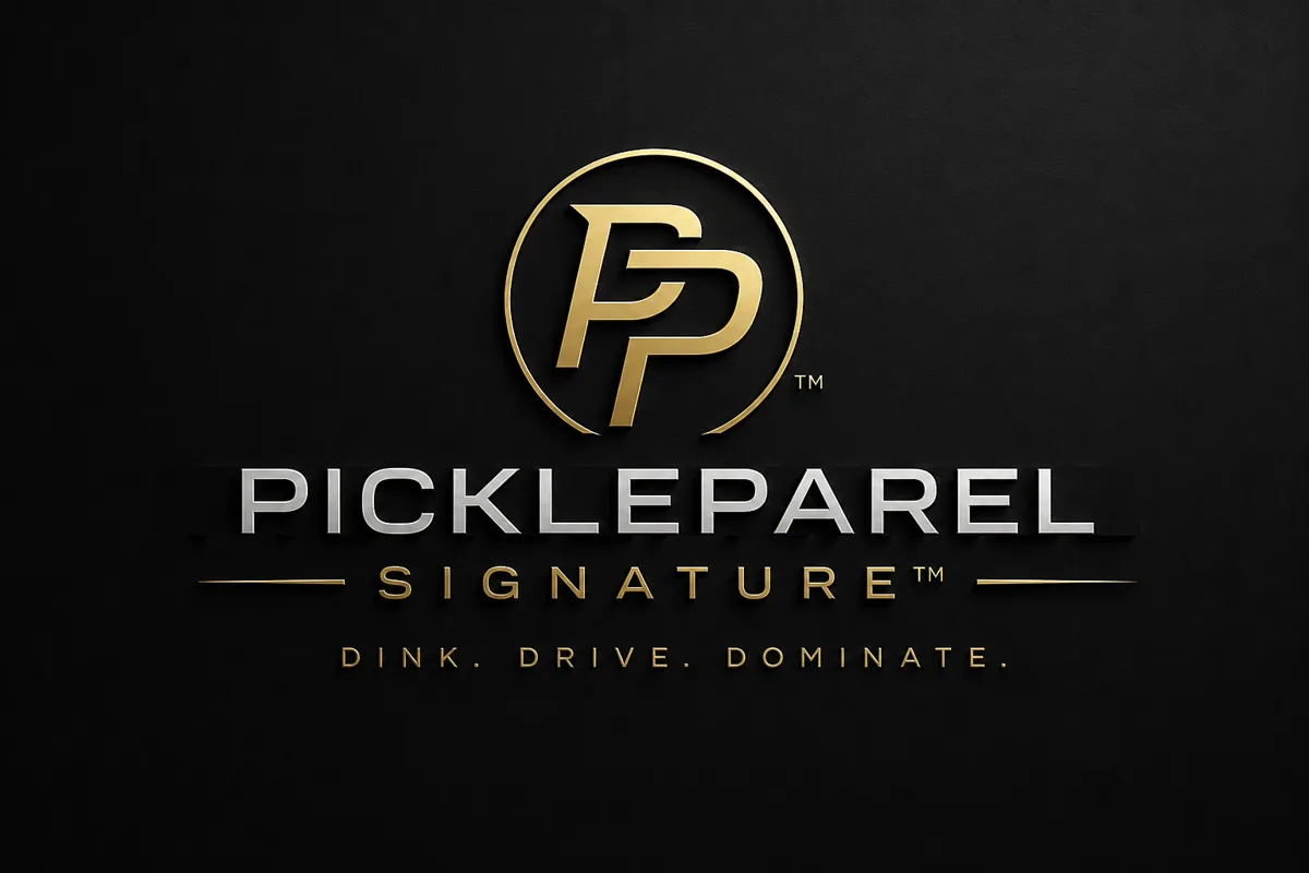 PickleParel Signature embossed gold PP emblem on a dark wall